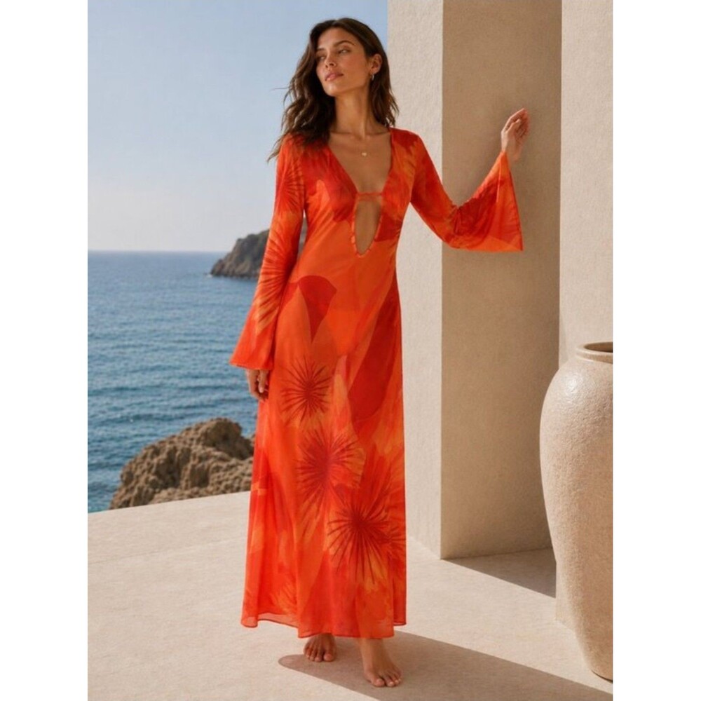 CAROLINE CONSTAS Mesh Midi Dress Cover Up M Orange with Red & Yellow Tie‑Dye New - Picture 2 of 13